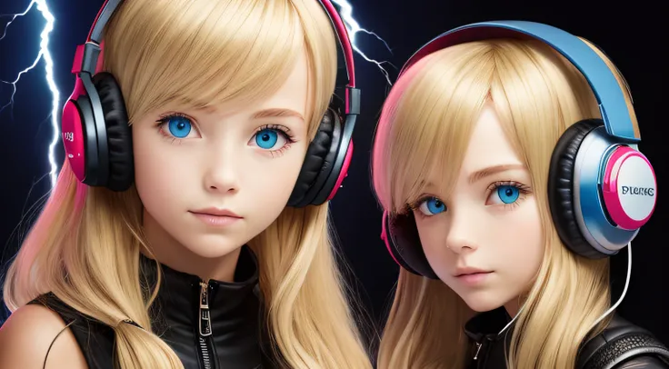 Blond-haired triplets,Headphones with lightning in the background,