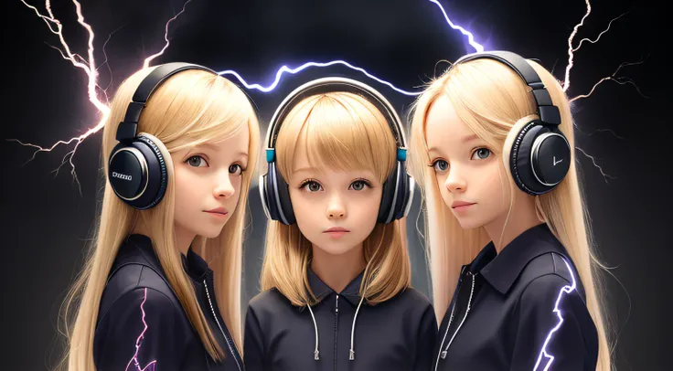 Blond-haired triplets,Headphones with lightning in the background,
