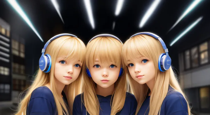 Blond-haired triplets,Headphones with lightning in the background,