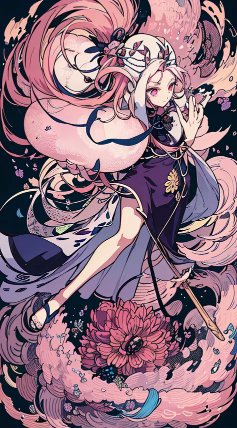 (((Masterpiece))), (best qualighy, best resolution:1.2), beautiful anatomy, perfect body, very delicate, super gorgeous hair, very beautiful hair, high ponytail, pink hair ornament, multicolored hair, absurderes, glowing eyes:1.2, pink impossible dress:1.1...