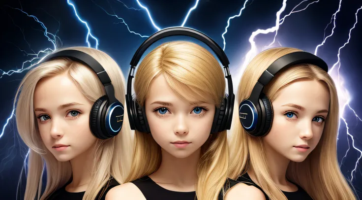 Blond-haired triplets,Headphones with lightning in the background,
