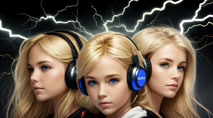 Blond-haired triplets,Headphones with lightning in the background,