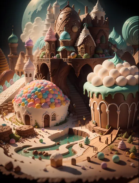 "(((obra-prima))) melhor qualidade, full hd 8k, fantasy setting made of candy, gate, janelas e telhado todos feitos de doces, no...