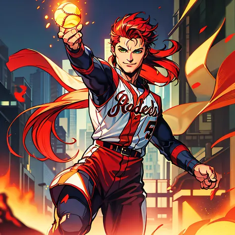 man, young, redhead, long hair, green eyes, advanced technology uniform, baseball, fireball, wry smile, high quality picture