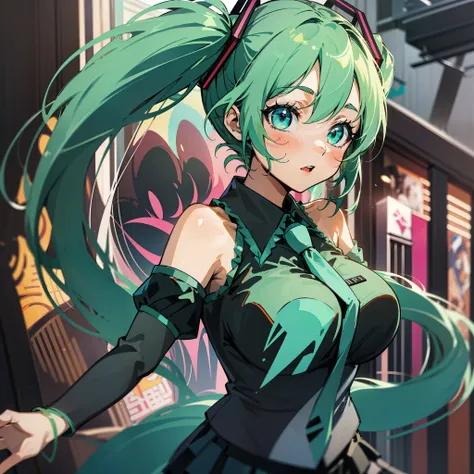 （cover of a，cover of a：1.3），big breasts hatsune miku，double tail，green hair，bare shoulders​，a black skirt，black sleeve，separate ...