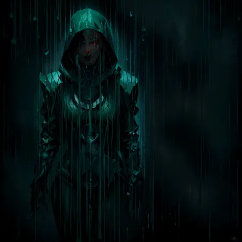 a hooded person standing in the matrix rain, in a cloak, neoartcore and charlie bowater, yuri shwedoff and tom bagshaw, by wlop,...