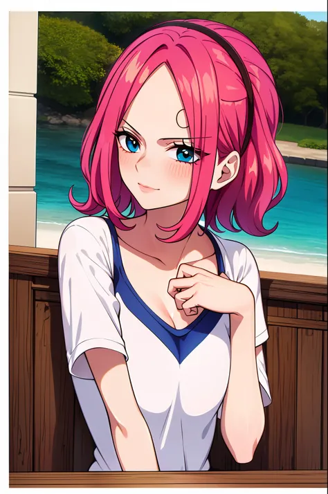 Reiju, One Piece, middlebreasts, eyes visible through the hair, pele clara, boca fechada, olhando para o telespectador, ((parte superior do corpo)), franja, cabelo com franja, cabelo rosa, batom rosa, cabelo flutuante, 1girl, um personagem, uma garota, eye...