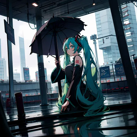 big breasts hatsune miku，double tail，green hair，bare shoulders​，a black skirt，black sleeve，separate the sleeves，cyan shirt，hair ...