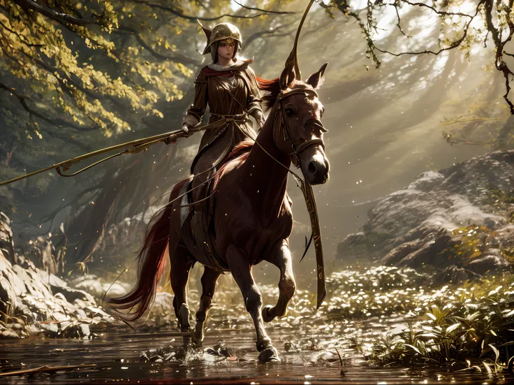 an elf girl rides a horse in the forest，archery action，contre-jour