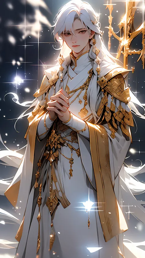 cold shades。Libido boy,Young men,k hd,best qualtiy,Snow and ice theme,Photorealistic photorealism,With light particles and volumetric light effects,Crystal Shard,Rendering,Ice and snow scenes,(crystal hair),Land of gems,(((Transparent hair))),Simple white ...