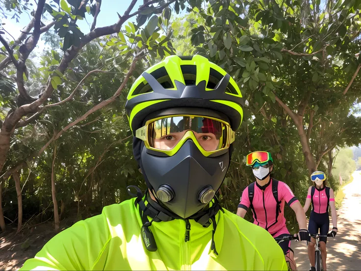 there's a man wearing a mask and goggles on a bicycle, wearing facemask and sunglasses, with neon visor, viseira sobre o rosto, ...