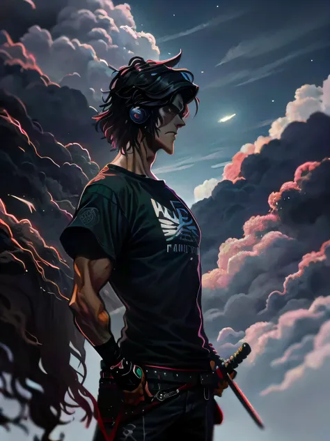 There is a man standing with a katana, imagem de corpo inteiro, com fones de ouvido, em camiseta, imagem de qualidade muitoalta, foto de perfil 1024px, imagem futurista ciberpunk, Perfil frontal!, Potrait, Condutor de Ene, he is wearing a black t-shirt, Ph...
