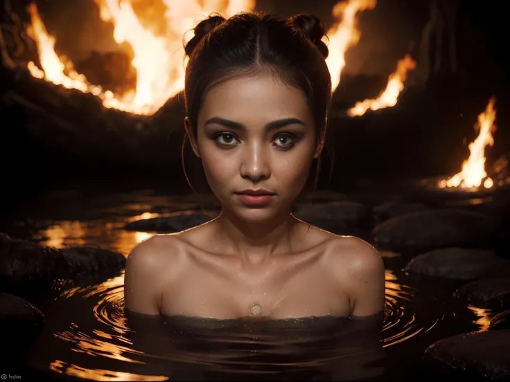 (night) with a lot of reflection of fire on the surface of the waters, epicrealism, rain of fire, very stunning indonesian balin...