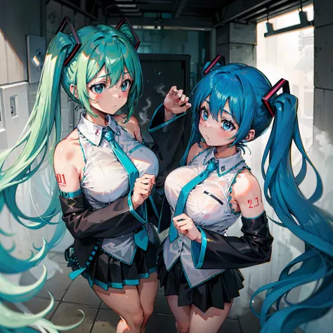 big breasts hatsune miku，double tail，green hair，bare shoulders​，a black skirt，black sleeve，separate the sleeves，cyan shirt，hair ...