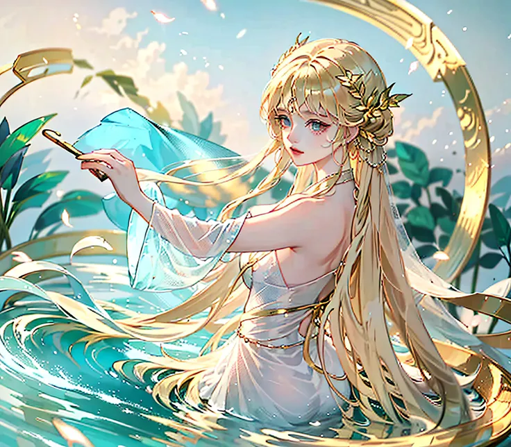 still water flows deeply，a song of vicissitudes， blond girl ，goddess maiden ，plain white simple dress，golden textured metal peta...