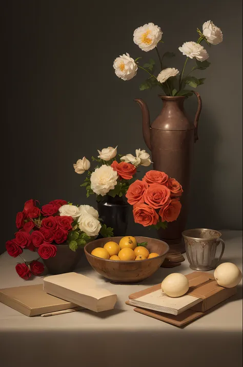 (masterpiece), (best quality), (still_life:1.3), no humans, Simple background, old, realistic, Rembrandt lights, 8K, Ultra-HD, hyper-realistic, vibrant, 8k, detailed, ultra detail, soothing tones, muted colors, fresh flowers,