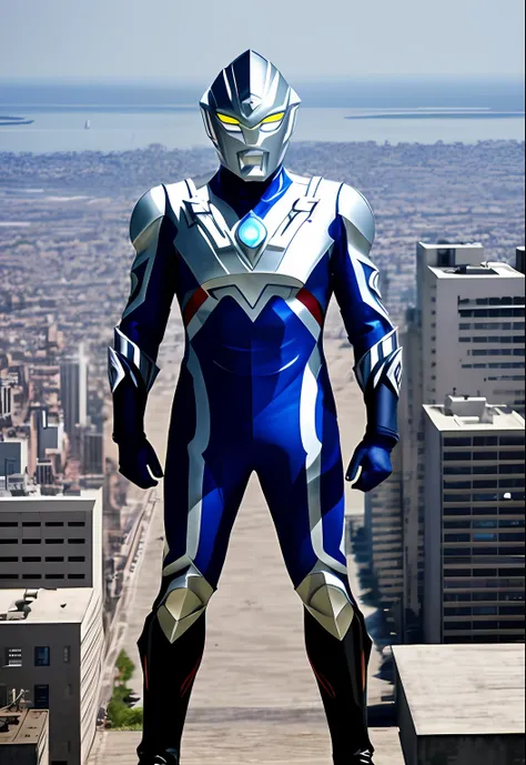 ultraman on guard,(165feet height), [red|black], realistic, high detail raw photo, masterpiece, best quality, detailed, hyper realistic, (full body), detailed face, highly detailed, hdr, ((smooth)), sharp focus, look at viewer, (ruined city), (((detailed b...