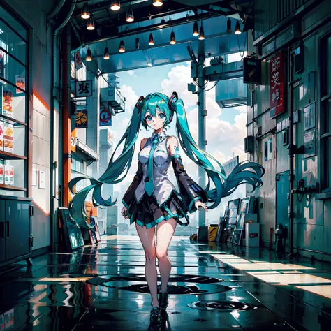 Big breasts Hatsune Miku,Double tail,Green hair,bare shoulders,a black skirt,black sleeve,Separate the sleeves,Cyan shirt,hair adornments,after rainny,fog atmosphere,超高分辨率,Dimly lit,城市,2D style,Special light and shadow,Poor milk