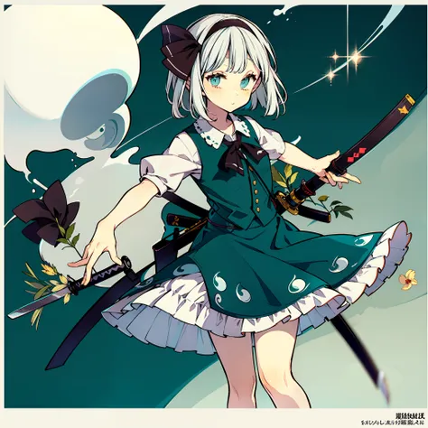 a picture of a picture of an angel with short dark hair and a dress, 1girl, solo, konpaku youmu, weapon, sword, short hair, bloomers, white hair, katana, hairband, sheath, looking at viewer