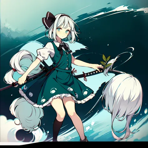 a picture of a picture of an angel with short dark hair and a dress, 1girl, solo, konpaku youmu, weapon, sword, short hair, bloomers, white hair, katana, hairband, sheath, looking at viewer