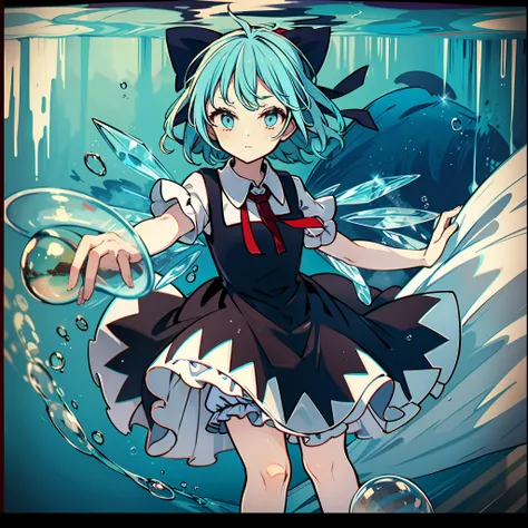 a character in an anime dress, and with short blue hair, is looking up and under water, 1girl, bloomers, cirno, solo, blue bow, blue hair, underwater, blue eyes, bow, dress, hair bow, underwear, bubble, air bubble, blue dress, looking at viewer, ice, dress...