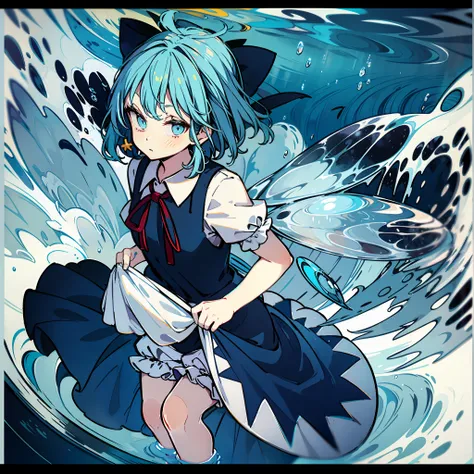 a character in an anime dress, and with short blue hair, is looking up and under water, 1girl, bloomers, cirno, solo, blue bow, blue hair, underwater, blue eyes, bow, dress, hair bow, underwear, bubble, air bubble, blue dress, looking at viewer, ice, dress...