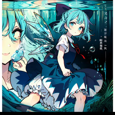 a character in an anime dress, and with short blue hair, is looking up and under water, 1girl, bloomers, cirno, solo, blue bow, blue hair, underwater, blue eyes, bow, dress, hair bow, underwear, bubble, air bubble, blue dress, looking at viewer, ice, dress...
