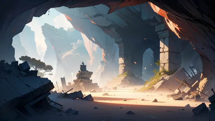 In the cave,Ishii,A pile of rubble,In the background is a cave,Ancient wind,Beautiful CG quality,Clear and detailed description,Hearty shots,Rich and superb local details,Intoxicating light and shadow effects,Beautiful and beautiful overall atmosphere