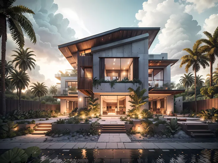 boho style, luxury jungle villa with roof garden, glass villa with a sloping roof, modern, dynamic (raw photo, real, best qualit...