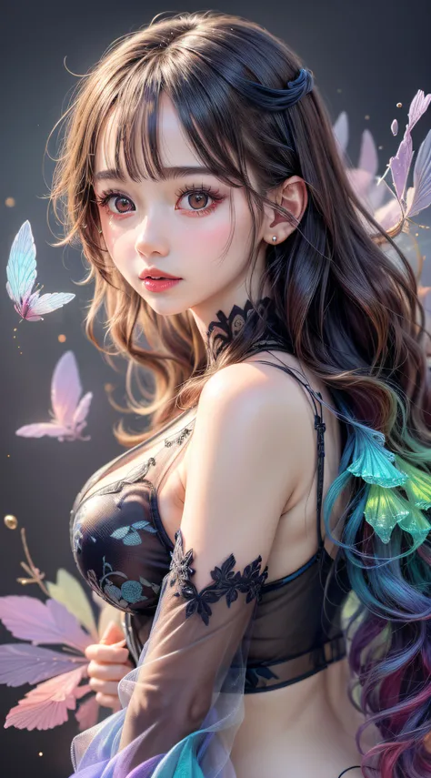 Beautiful girl story wrapped in love, Beautiful eye details, A captivating anime girl gracefully emerges from the pages of a watercolor painting, Her vivid and complex colors are, Bring your artwork to life, (see-through transparent clothes, transparent co...