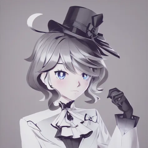 Anime girl in top hat and bow tie, flat anime style shading, anime shading, Stylized anime, official character illustration, monochrome 3 d model, official character art, render of april, 3 d render official art, escala cinza, character with a hat, highly ...