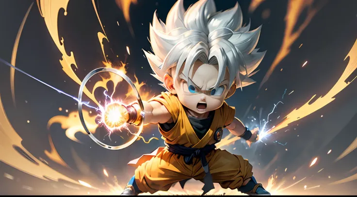 Masterpiece), (Extreme Quality), (Ultra Detailed), (delicate face), (detailed eyes), Full Body, 1 boy, (9 year old goku in super saiyan with white hair from Akira Toriyamas Dragon Ball manga: 1.7), solo, Chibi, Cute, perfect hands, (glowing metal objects h...