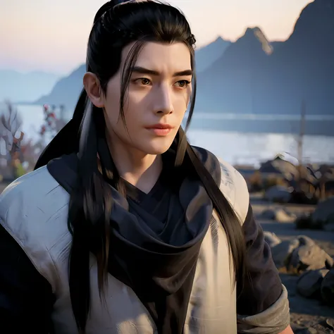 A man with black hair, black clothes, black scarf, black hoodie and black and white background, (1girl:0.872), (black hair:0.758), (blurry:0.926), (blurry background:0.703) , (brown eyes: 0.562), (Depth of Field: 0.625), (Long Hair: 0.855), (Outdoor: 0.541...