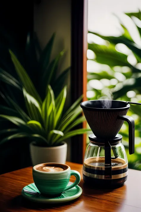 cafe, coffee cup, coffee maker, tropical style, green ceramics, plant, flower, mirror, glass, banana leaf, lens flare, dim light...