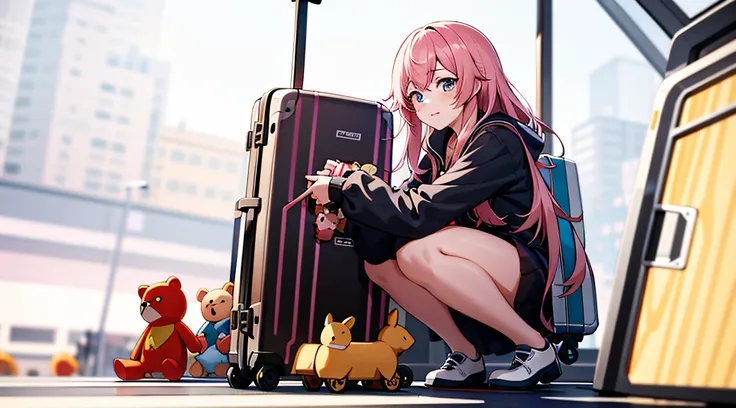 anime - style girl sitting on suitcase with stuffed animals, guviz, guviz-style artwork, anime visual of a cute girl, cute anime...