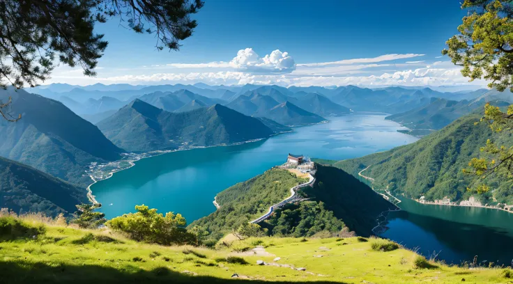 mountain lakes，the water in the lake is clear，surrounded by mountains，surrounded by cloud，it's like being in a wonderland。beauti...