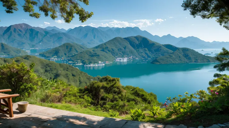 mountain lakes，the water in the lake is clear，surrounded by mountains，surrounded by cloud，it's like being in a wonderland。beauti...