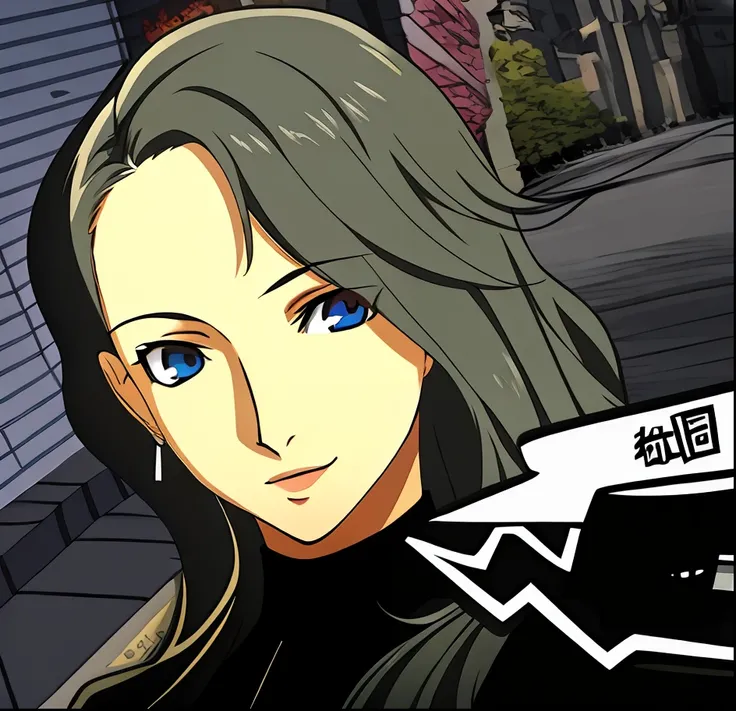 Woman with long hair and black top standing in front of building, Persona 5 Style, Persona 5, hints of yayoi kasuma, Fine details. girls frontline, anya from spy x family, from girls frontline, persona, persona 5 phantom thief style, girls frontline style,...