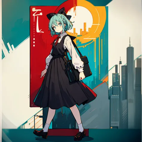 Short-haired elementary school girl holding a briefcase, 1 girl, solo, Cirno, school uniform, Gohei, skirt, shoes, black school uniform, socks, Mary Janes, school background, different costume, long sleeves, spreading sleeves, light blue hair, full body, l...