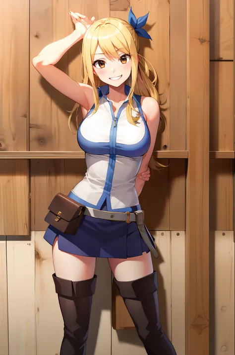 (masterpiece, best quality:1.2), solo, 1girl, lucy heartfilia, grin, looking at viewer, arms behind back, blue sleeveless shirt,...