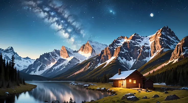 masterpiece, best quality, ultra-detailed, illustration, outdoors, night, mountains, one wooden cabin, nature, stars, moon, mountain forest, rocks, river, wood, smoke, shadows, contrast, clear sky, constellations, Milky Way, peaceful, serene, quiet, tranqu...