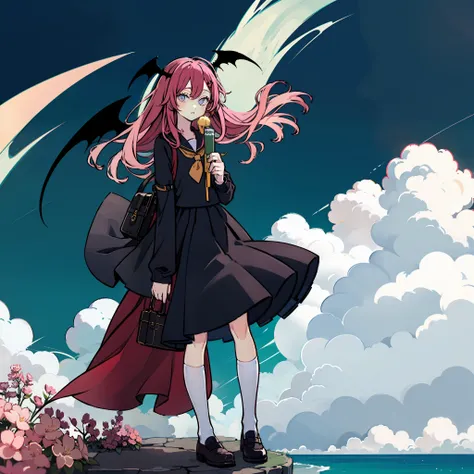 portrayal of a long-haired young woman holding a briefcase, one girl, solo, small devil, school uniform, just flat, skirt, shoes...