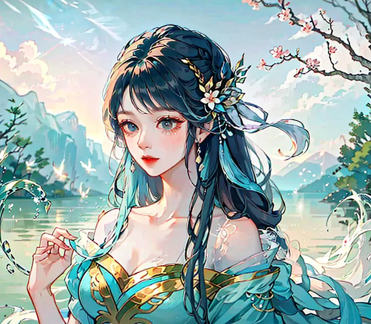 still water flows deeply，cangsheng step song gradient flowing hair girl lake blue and red gradient hair thick double twist braid...