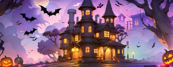 game building、the witch's house，halloween，the bats，jack-o'-lantern，cartoonish style，wide angles，in a panoramic view，angle of dep...