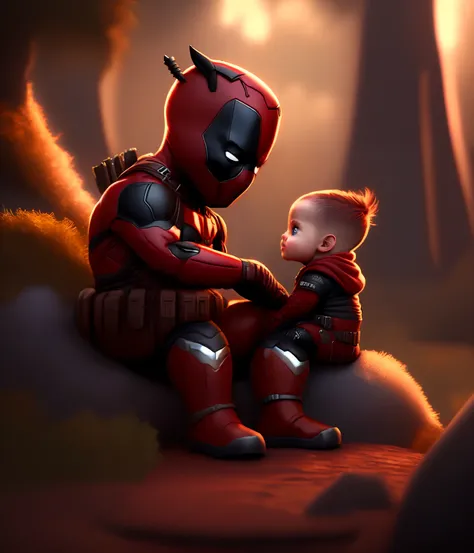 cinematic shot of realistic cute deadpool , surounded by fire, seamless, epic, cinematic, intricate detail, award winning, great lighting, shading, high quality, detailed