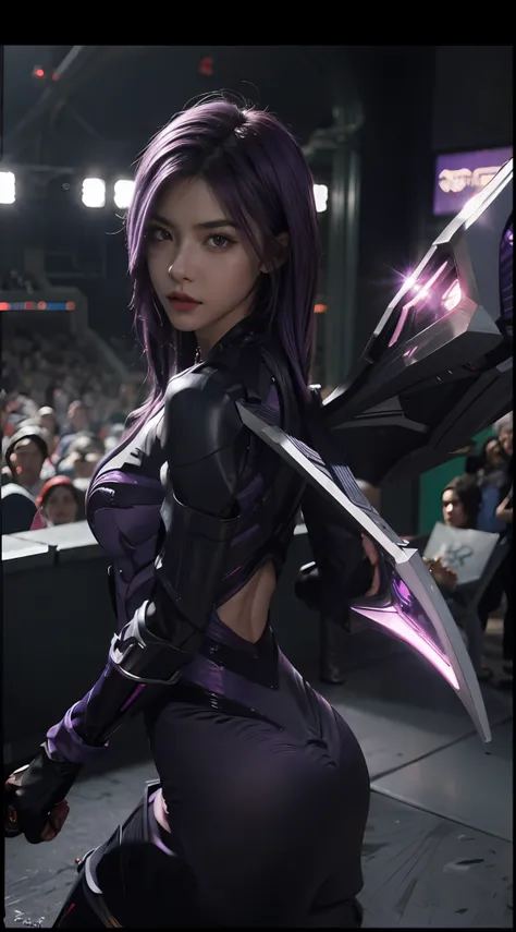 1girl, kai'sa, league of legends, kasa, purple wings, deep purple hair, purple eyes, serious expression, intense glare, looking ...