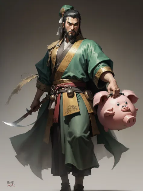 A drawing of the bearded Guan Yu holding a knife and the head of a pig man, Green clothes,Green hat,concept art of a monk, Inspired by Hu Zaobin, inspired by Dong Yuan, inspired by Zhao Mengfu, character posing for concept art, Akira in Chinese mythology, ...