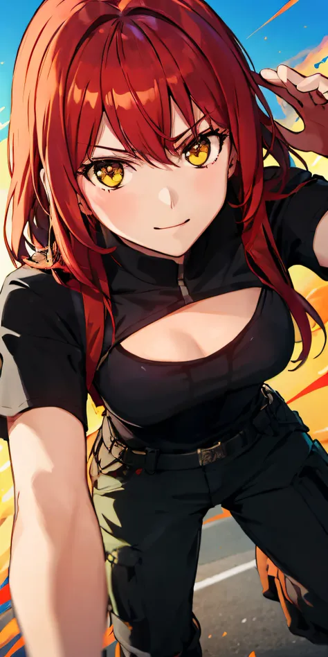 anime girl posing for photo with red hair and black shirt, marin kitagawa fanart, anya from spy x family, from girls frontline, ...