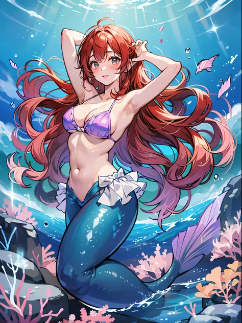 ​masterpiece、ultra-quality、ultra-detailliert、perfect drawing、独奏、mermaid、mermaids、arms raised wide、open armpits、raking up hair、((...