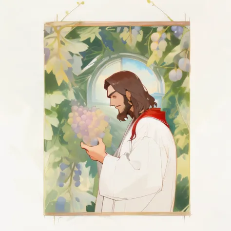 A short-haired man in a robe and red coat holds a bunch of grapes,Jesus